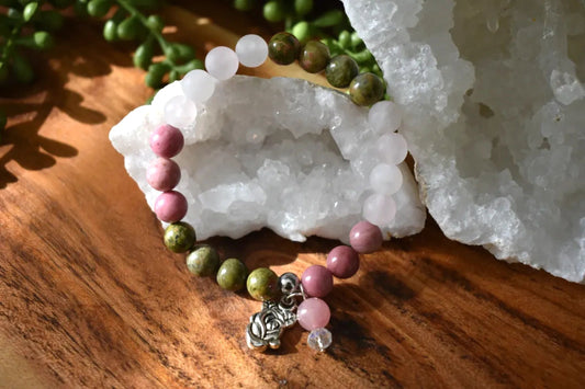 8mm Unakite, Rhodonite & Matte Rose Quartz Crystal Bracelet – Emotional Healing • Heart Balance • Gentle Strength