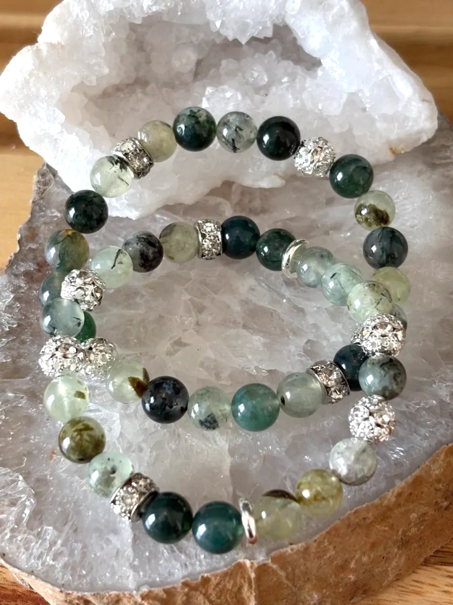 Prehnite & Moss Agate Bracelet Set with Stainless Steel Silver & Silver-Tone Rhinestone Accents – 8mm (Set of 2)