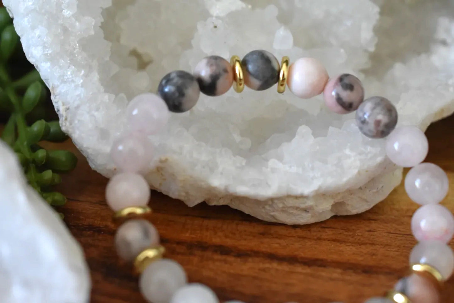 8mm Pink Zebra Jasper, Rose Quartz & Milky Quartz Crystal Bracelet – Emotional Balance • Gentle Strength • Self-Love