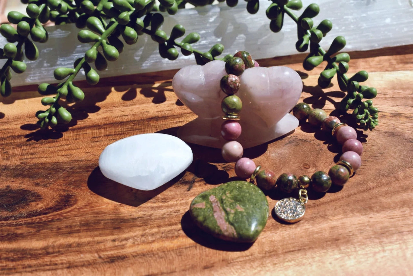 8mm Unakite & Rhodonite Crystal Bracelet + Heart Trio – Love • Release • Emotional Reboot
