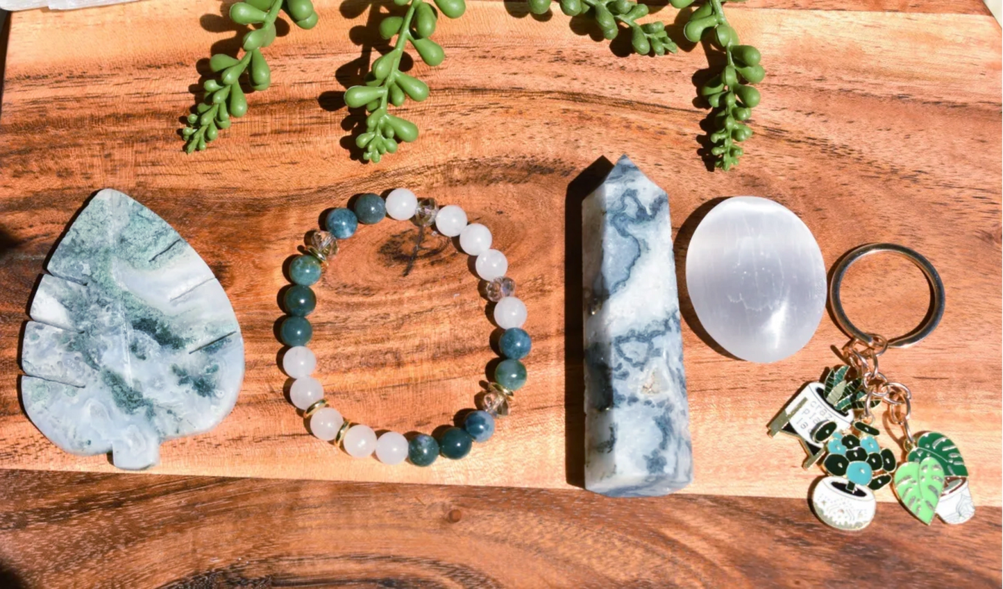 Verdant Harmony Bundle - Moss Agate & Milky Quartz Bracelet, Moss Agate Tower& Leaf, Selenite and Keychain
