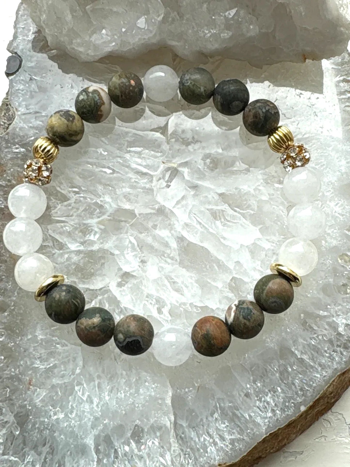 8mm Rainforest Jasper & Milky White Quartz Crystal Bracelet – Grounding • Balance • Earth Connection