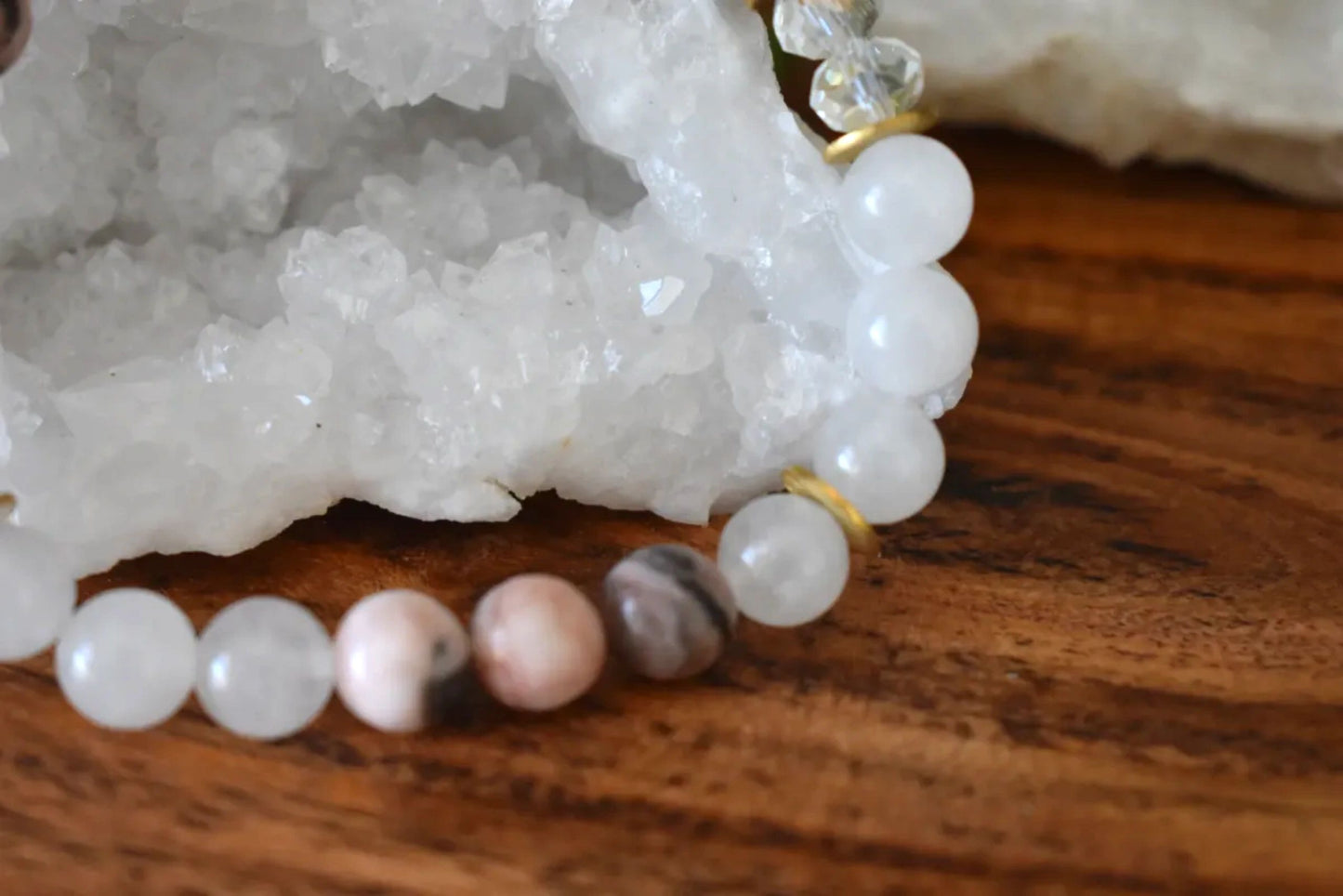 8mm Pink Zebra Jasper & Milky Quartz Crystal Bracelet – Courage • Compassion • Emotional Clarity