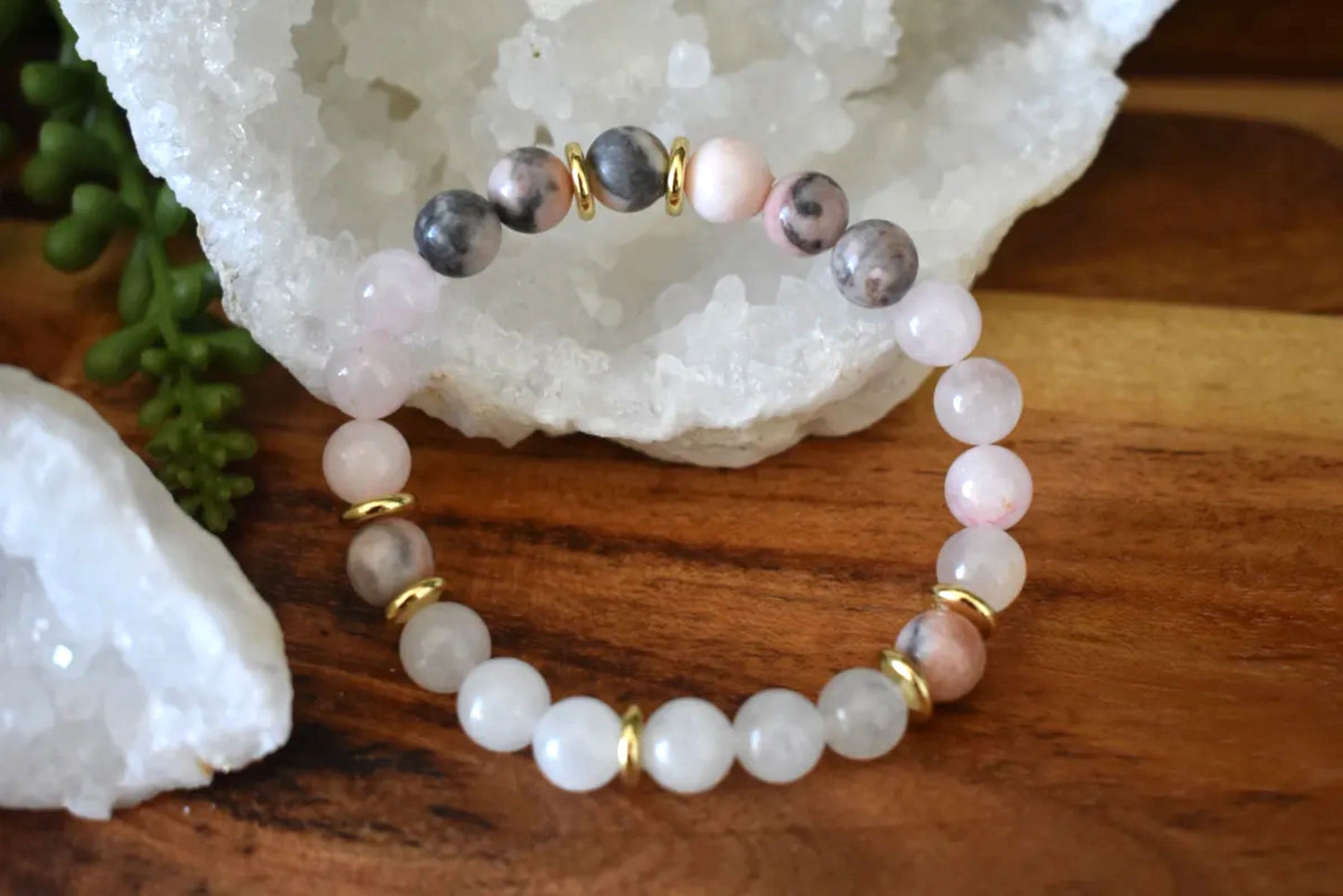 8mm Pink Zebra Jasper, Rose Quartz & Milky Quartz Crystal Bracelet – Emotional Balance • Gentle Strength • Self-Love