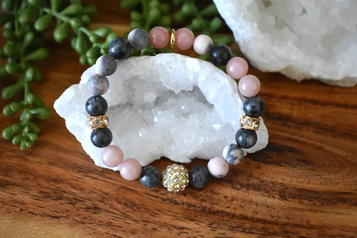 Pink Opal & Larvikite Crystal Bracelet, 8mm Healing Bracelet for Emotional Balance, Grounding, Anxiety Relief, Pink Zebra Jasper