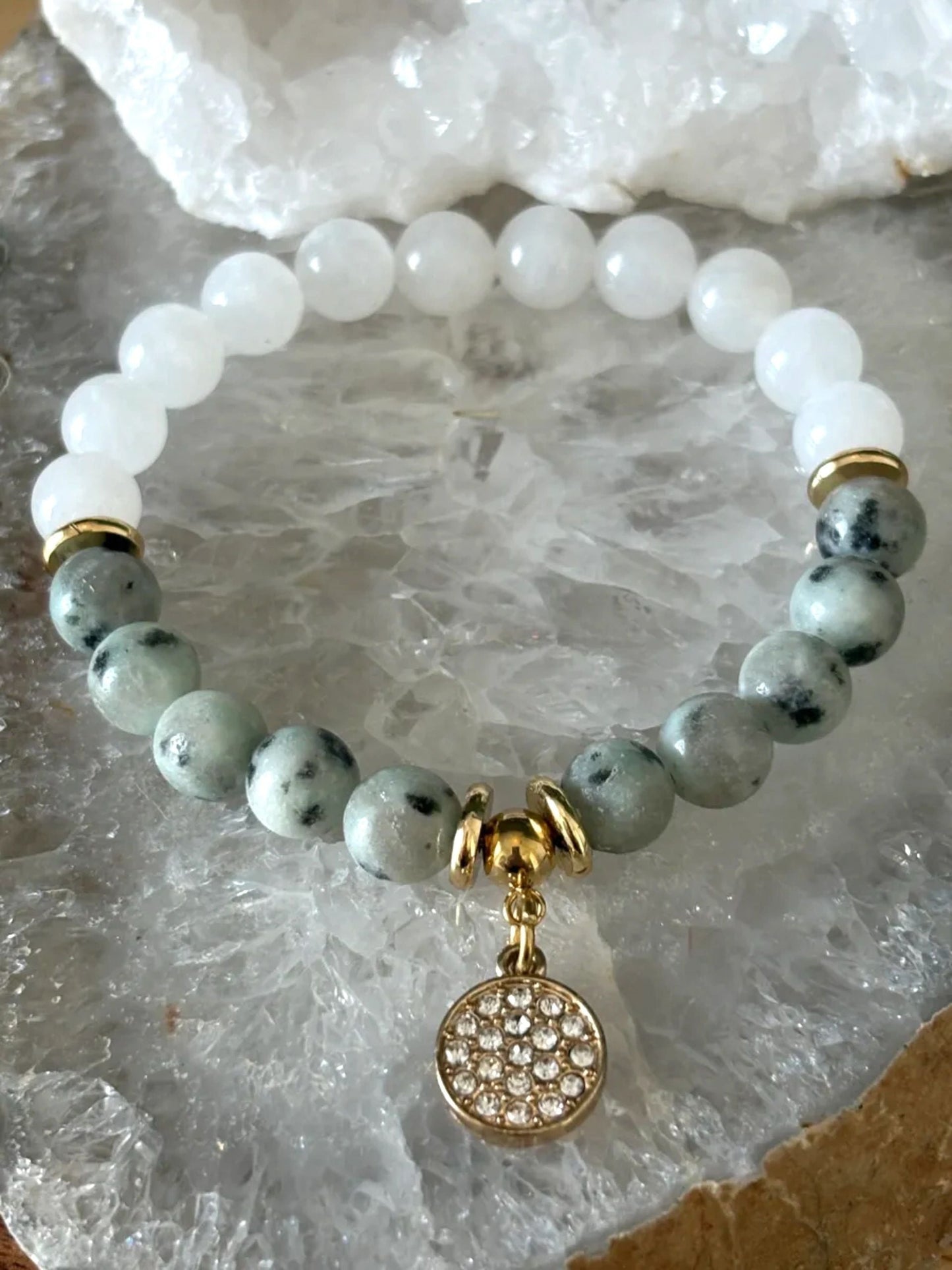 8mm Lotus Jasper & Milky Quartz Crystal Bracelet – Harmony • Grounding • Light