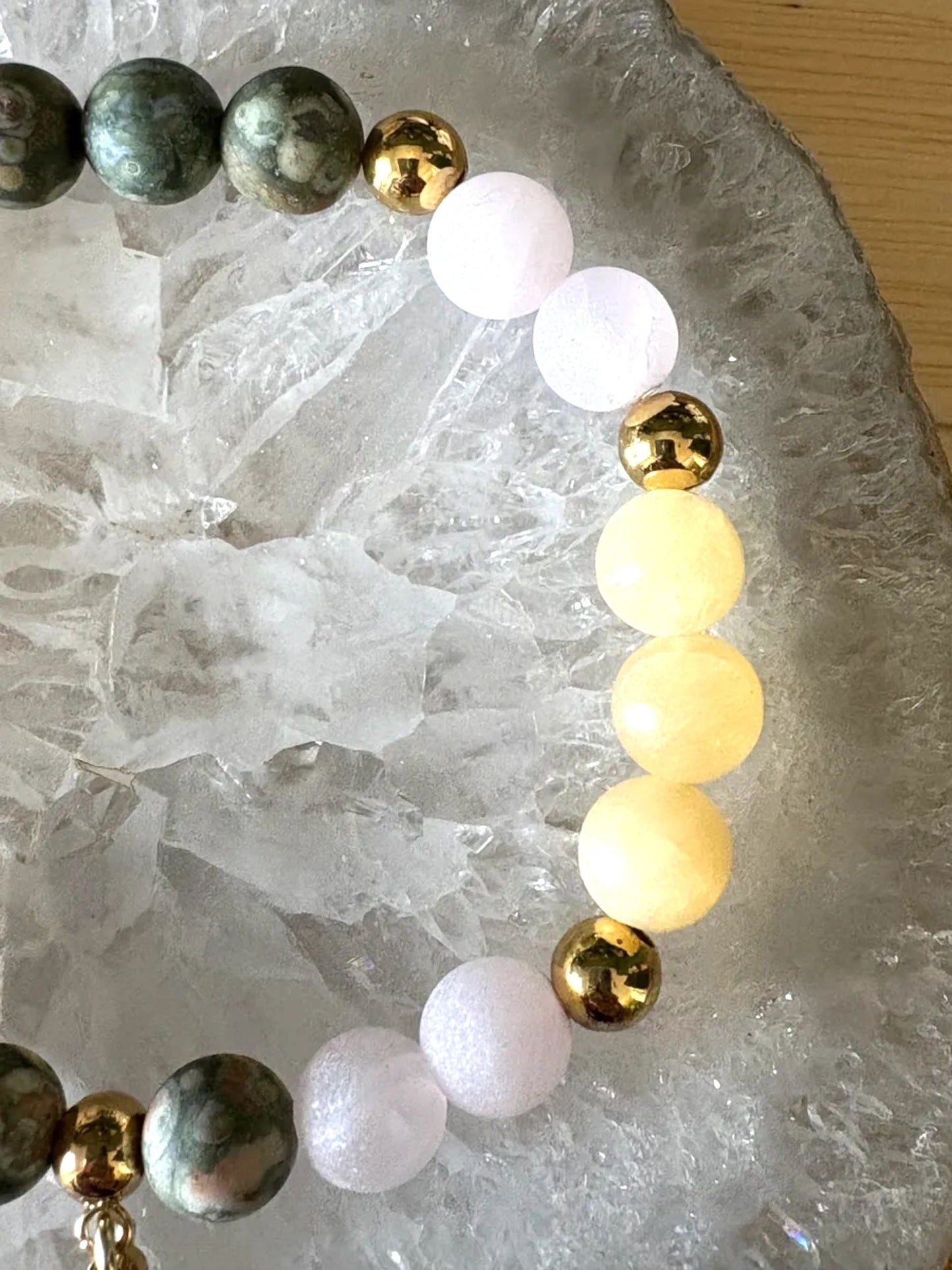 Yellow Calcite, Matte Rose Quartz & Matte Rainforest Jasper Bracelet with Gold Metal Ball Beads and Tree of Life Charm
