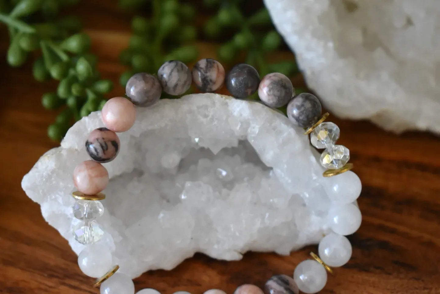 8mm Pink Zebra Jasper & Milky Quartz Crystal Bracelet – Courage • Compassion • Emotional Clarity