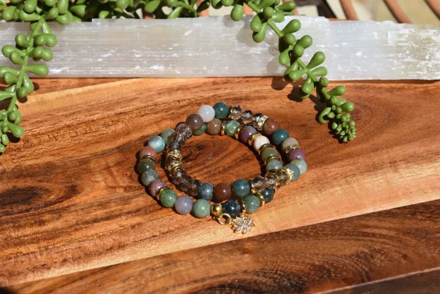 Set of 2 Indian Agate Bracelets with Gold Accents & Czech Glass Beads – 8mm