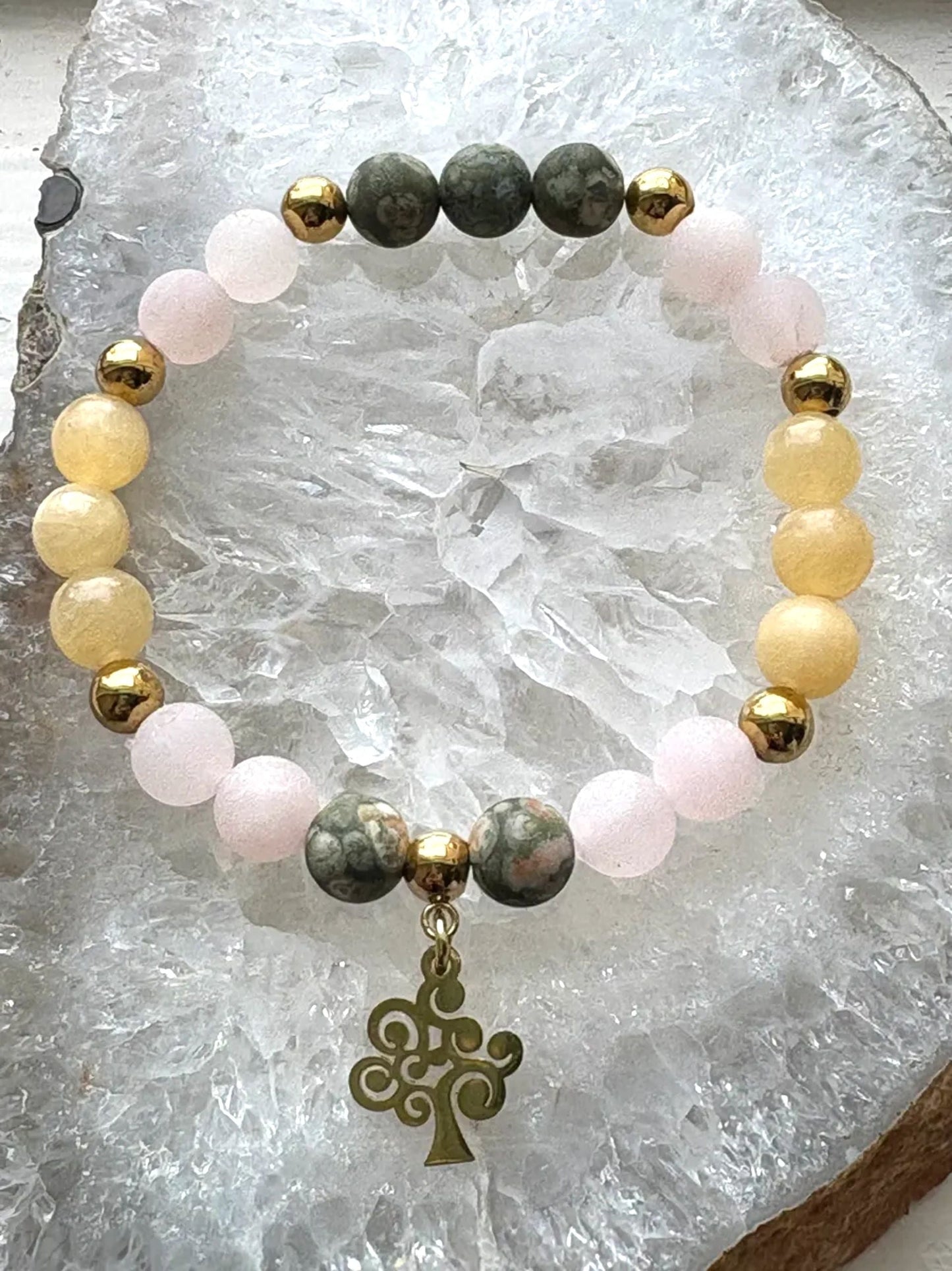 Yellow Calcite, Matte Rose Quartz & Matte Rainforest Jasper Bracelet with Gold Metal Ball Beads and Tree of Life Charm
