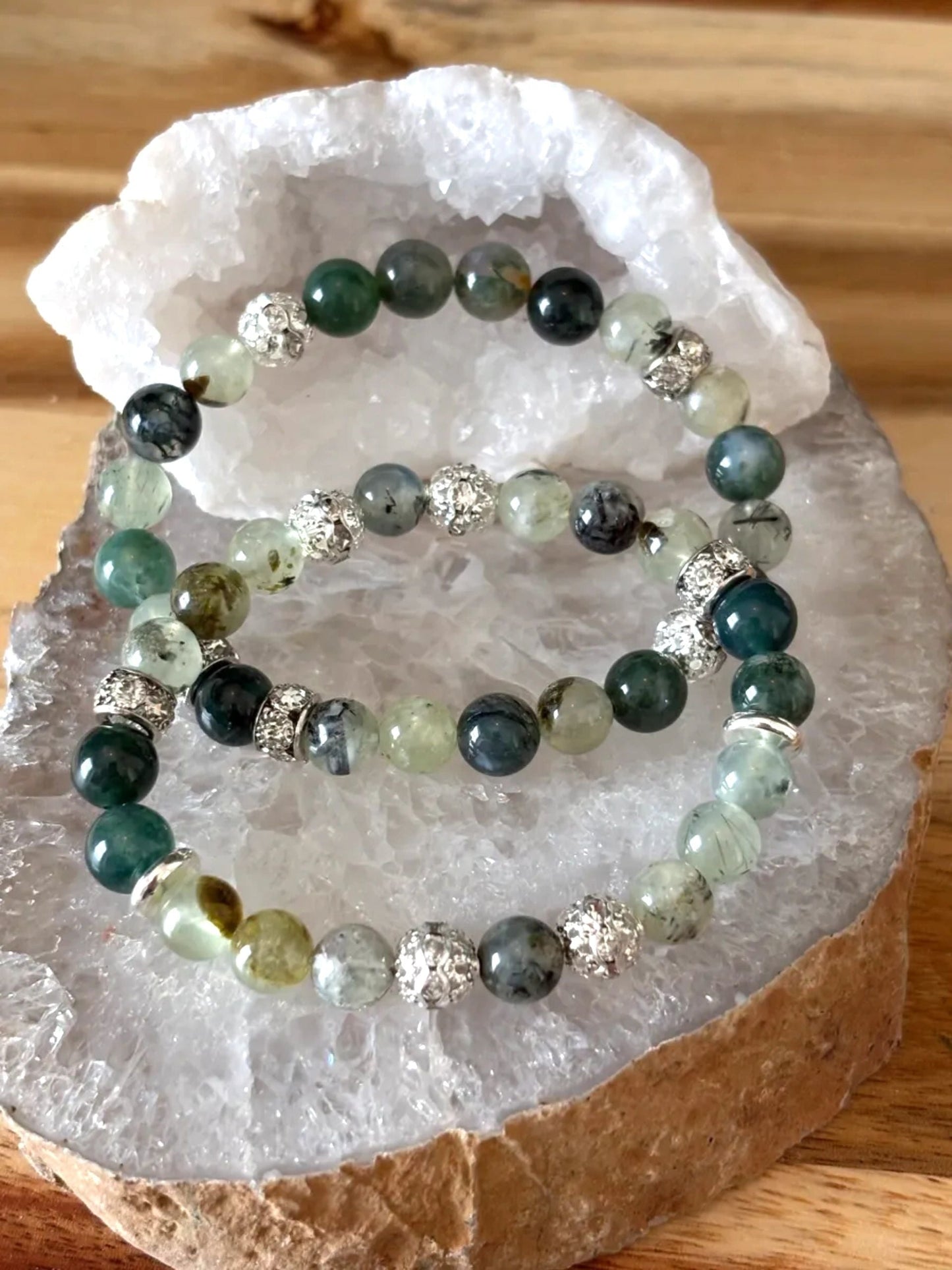 Prehnite & Moss Agate Bracelet Set with Stainless Steel Silver & Silver-Tone Rhinestone Accents – 8mm (Set of 2)