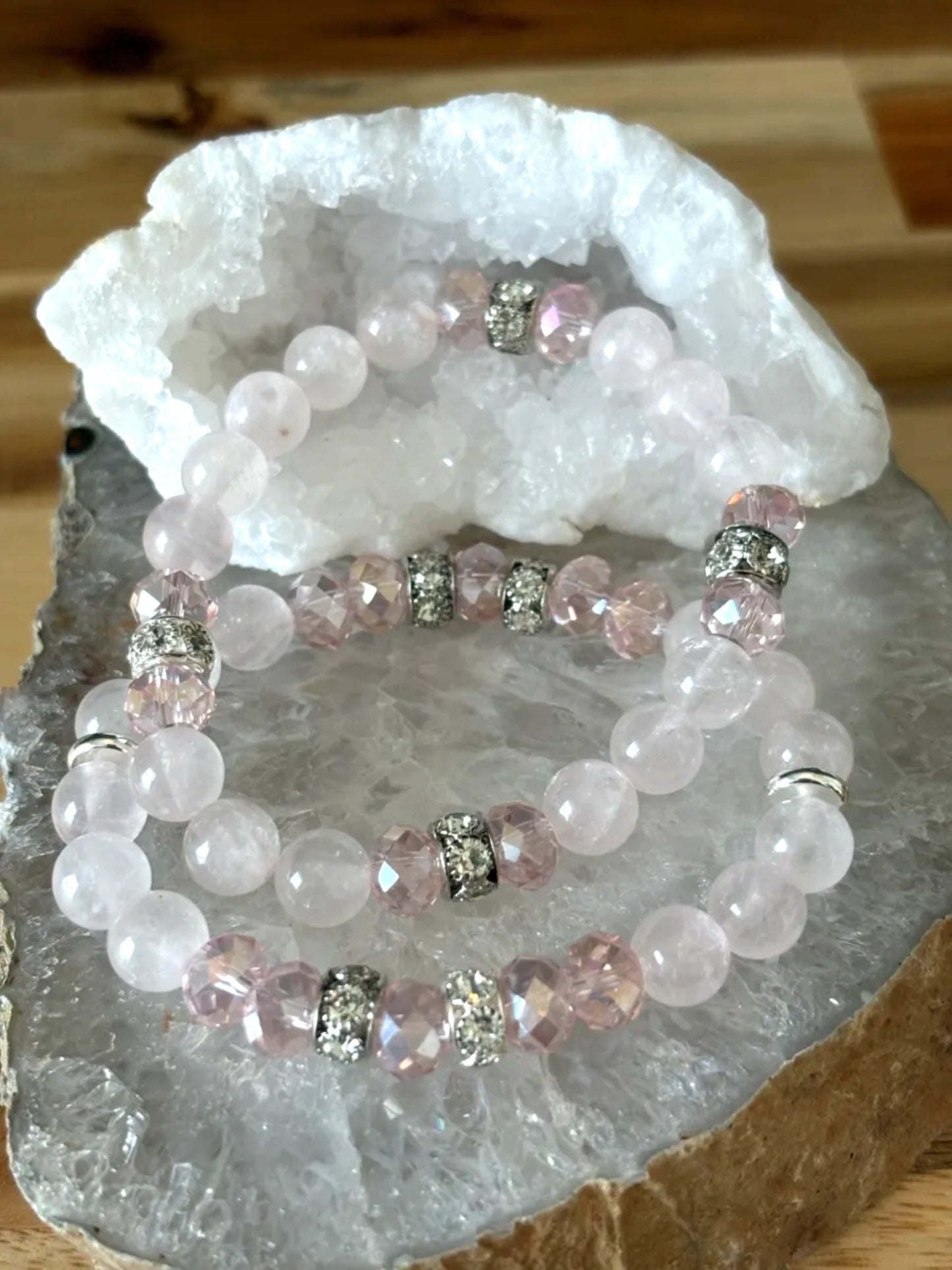 8mm Light Rose Quartz Crystal Bracelet Set – Love • Calm • Divine Feminine Energy