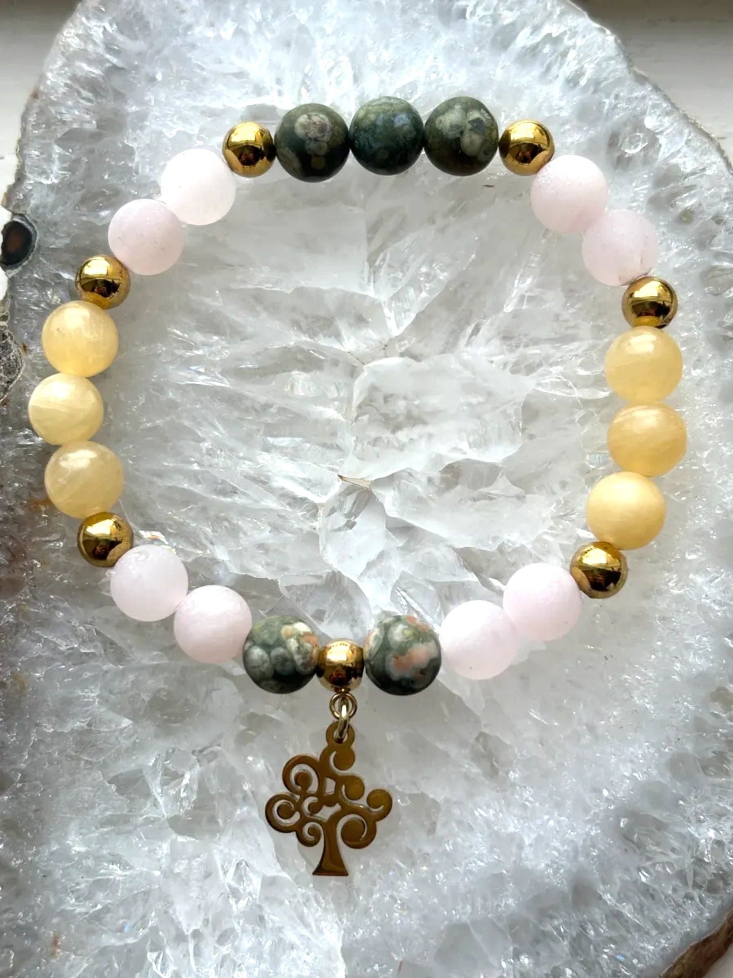 Yellow Calcite, Matte Rose Quartz & Matte Rainforest Jasper Bracelet with Gold Metal Ball Beads and Tree of Life Charm