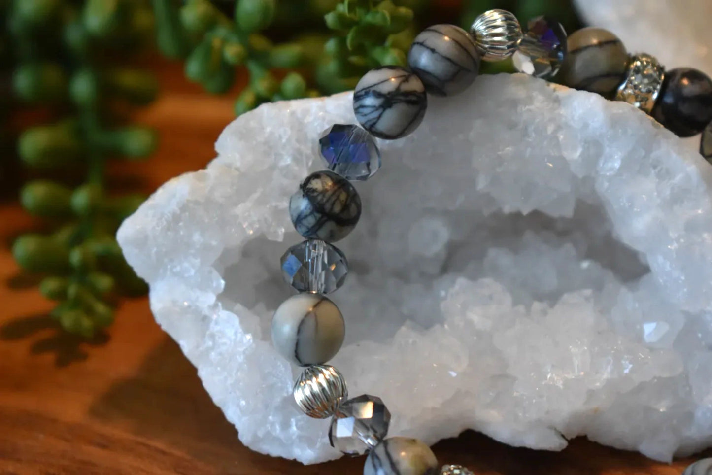 Chinese Picasso Jasper Bracelet with Smoky Iridescent Czech Glass, Silver-Plated Beads & Sparkling Rhinestone Detail – 8mm