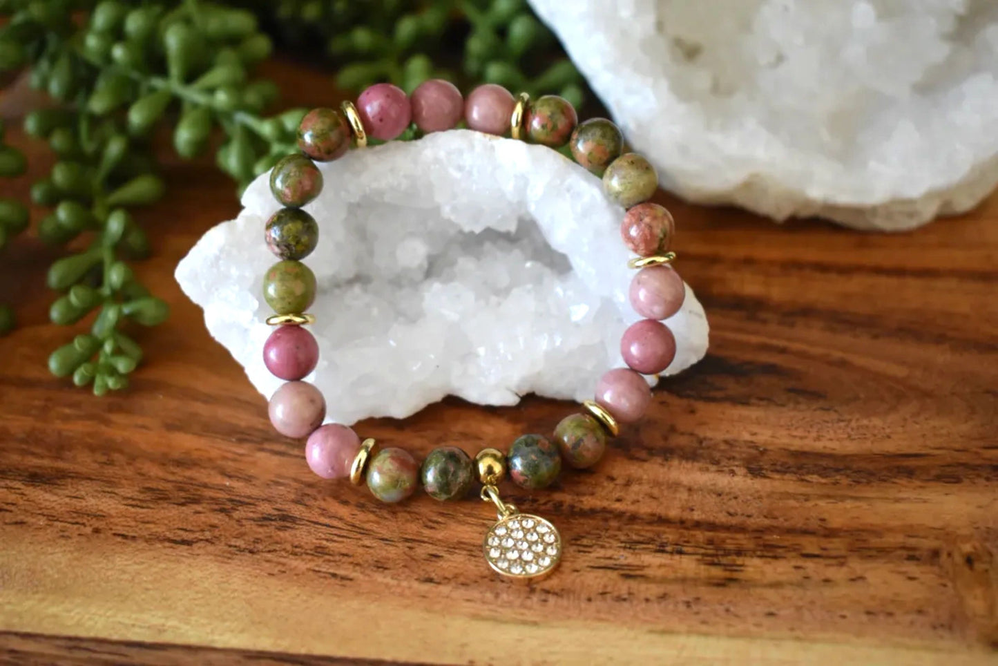 8mm Unakite & Rhodonite Crystal Bracelet – Emotional Healing • Heart Strength • Grounded Compassion