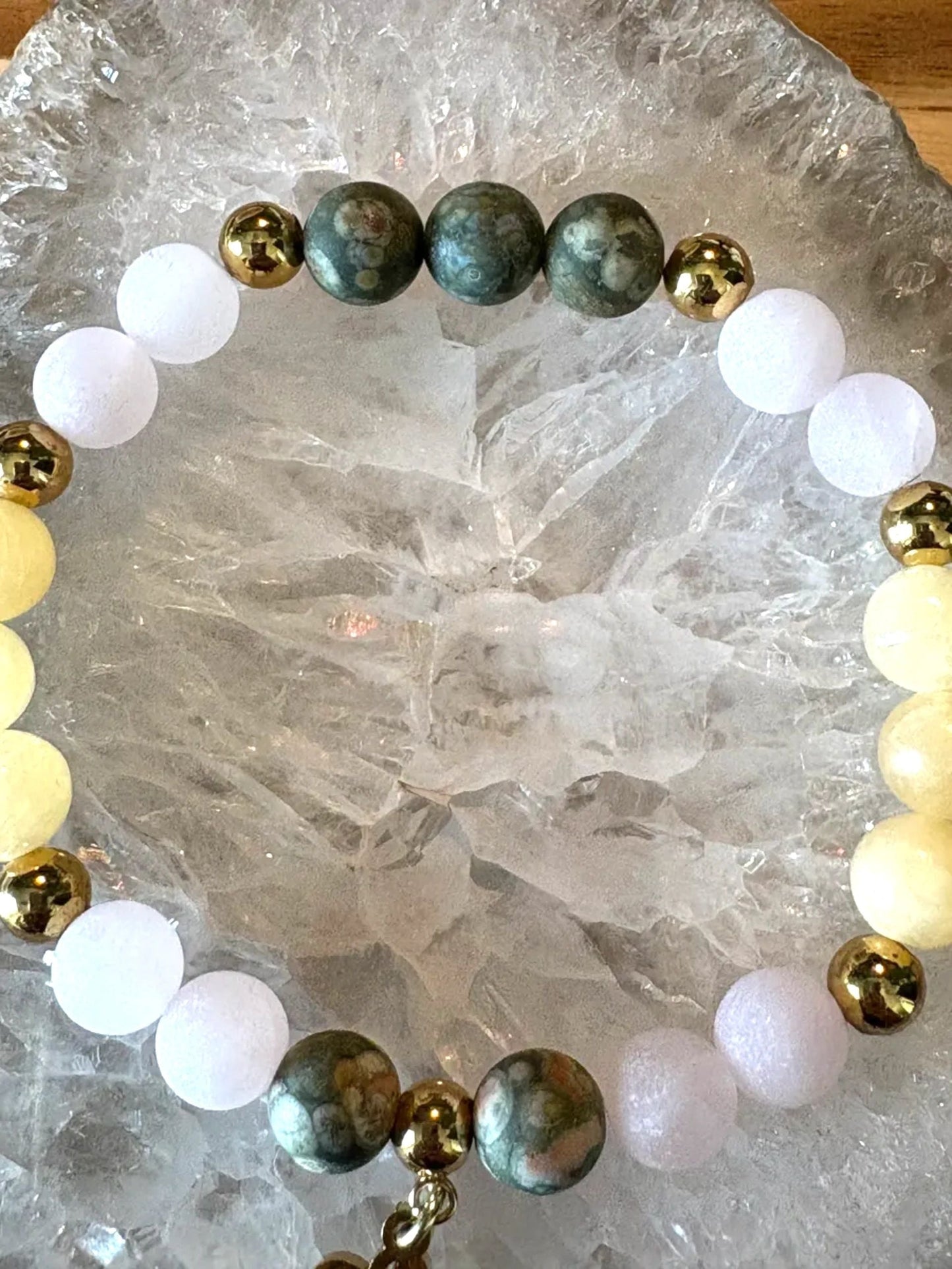 Yellow Calcite, Matte Rose Quartz & Matte Rainforest Jasper Bracelet with Gold Metal Ball Beads and Tree of Life Charm