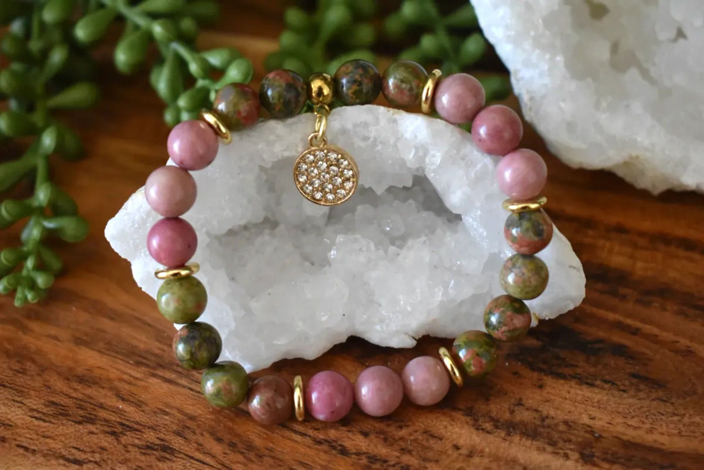 8mm Unakite & Rhodonite Crystal Bracelet – Emotional Healing • Heart Strength • Grounded Compassion