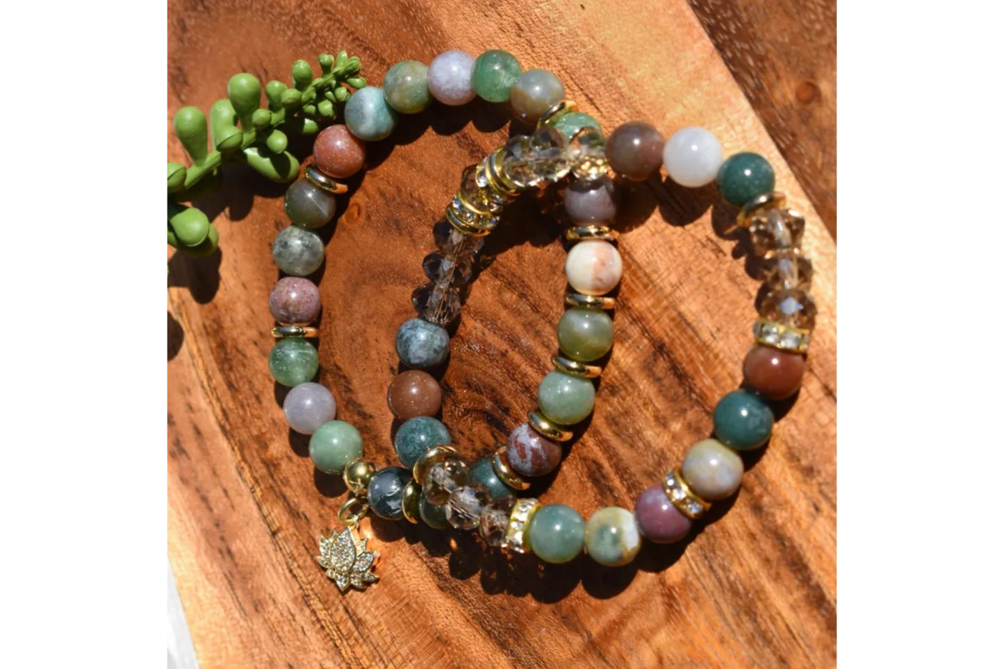Set of 2 Indian Agate Bracelets with Gold Accents & Czech Glass Beads – 8mm