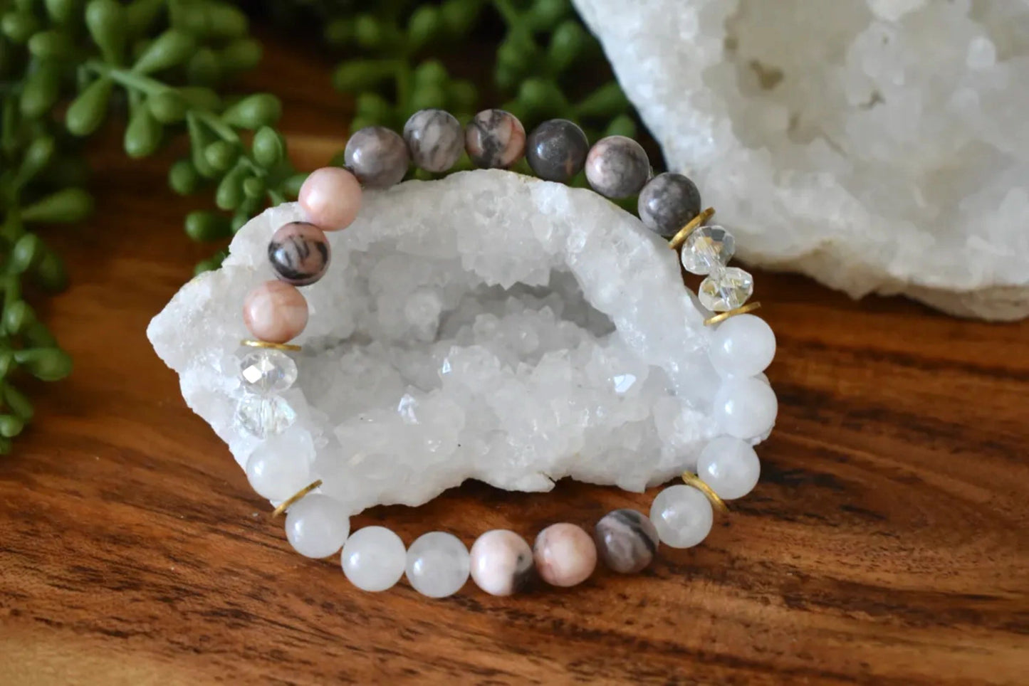 8mm Pink Zebra Jasper & Milky Quartz Crystal Bracelet – Courage • Compassion • Emotional Clarity