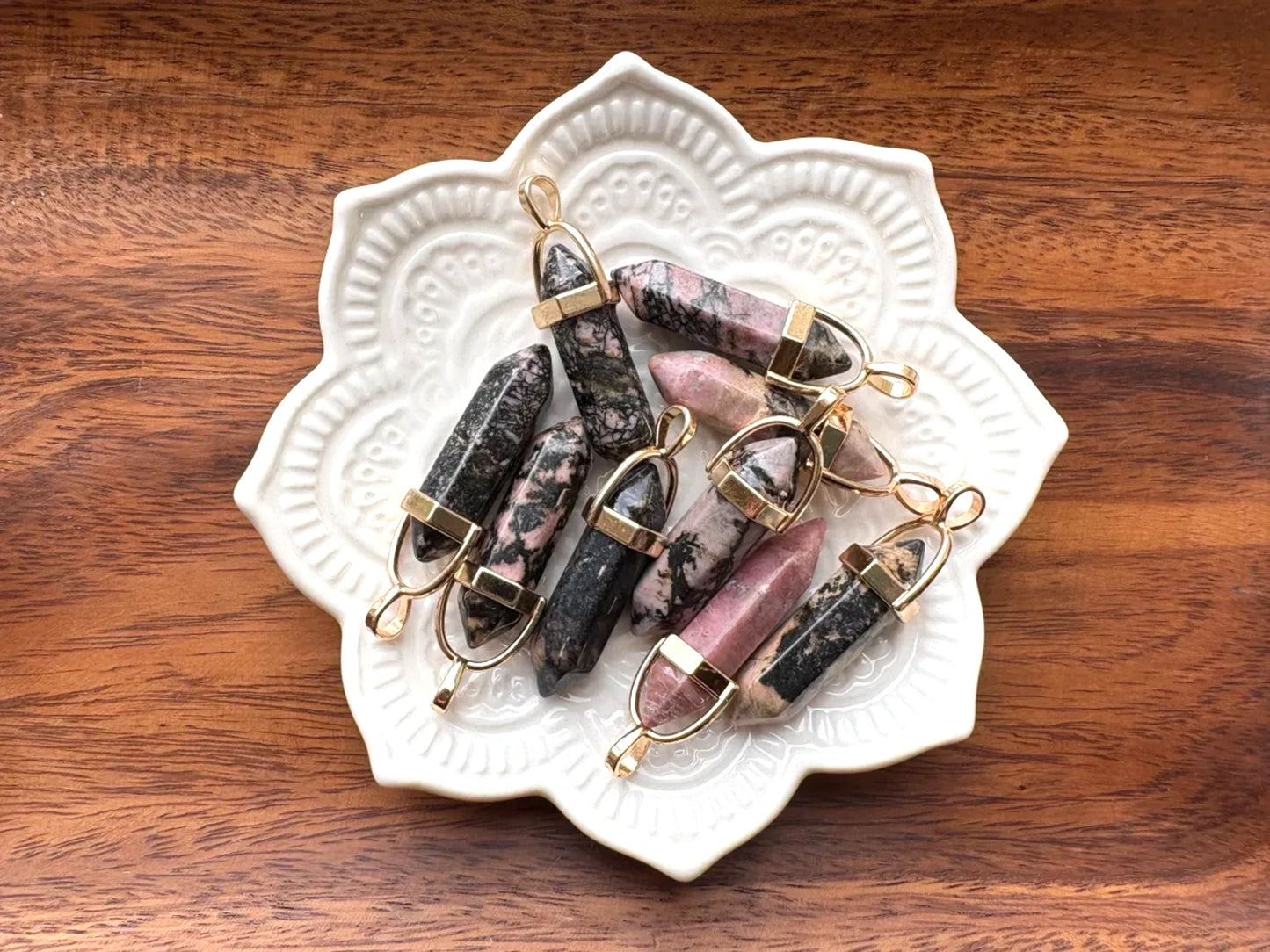 Pink & Black Rhodonite Point Pendant – Heart Healing • Emotional Balance • Bold Self-Worth