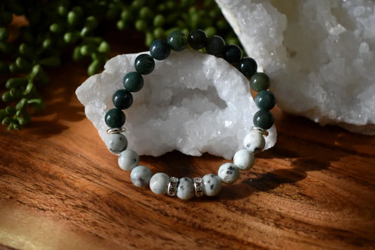8mm Green Jasper & Lotus Jasper Crystal Bracelet – Grounding • Growth • Emotional Balance