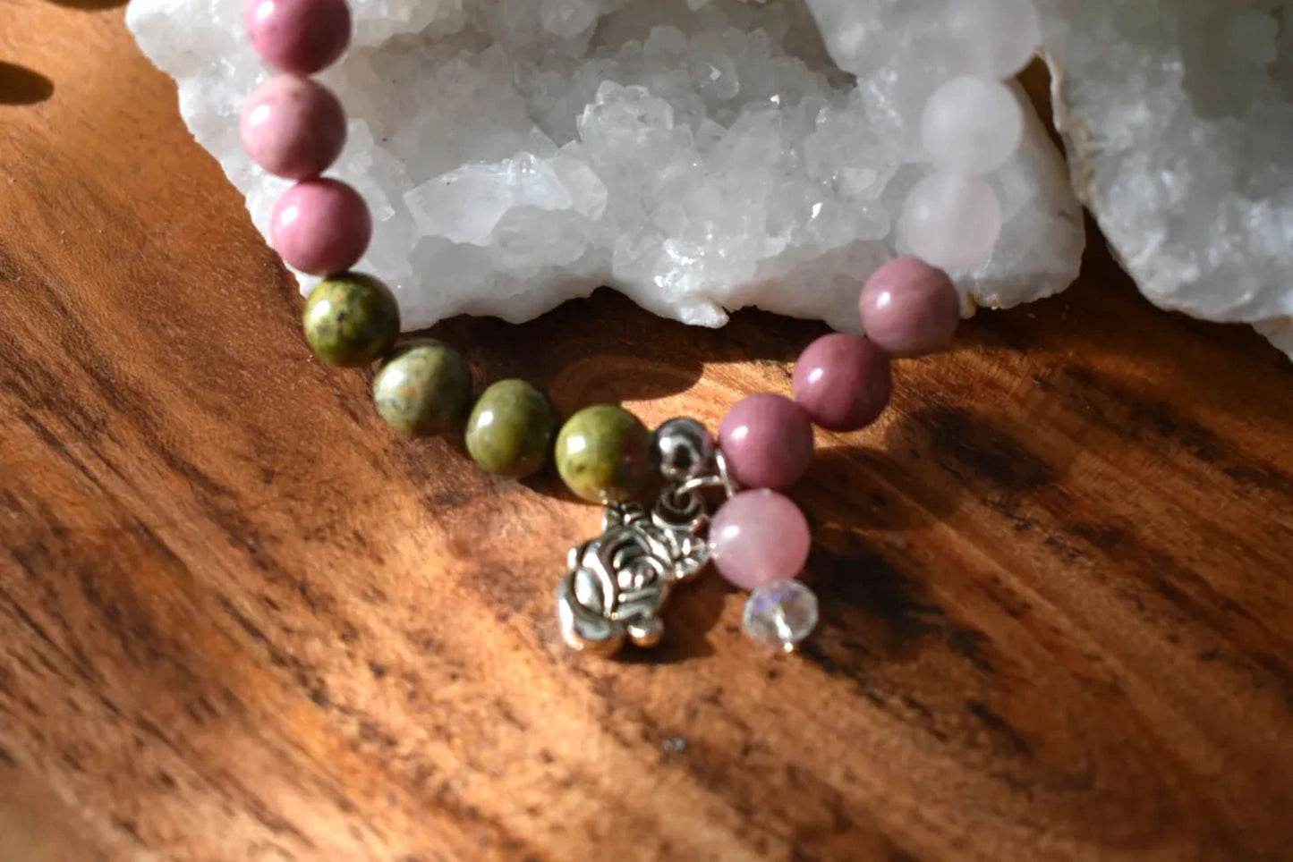8mm Unakite, Rhodonite & Matte Rose Quartz Crystal Bracelet – Emotional Healing • Heart Balance • Gentle Strength