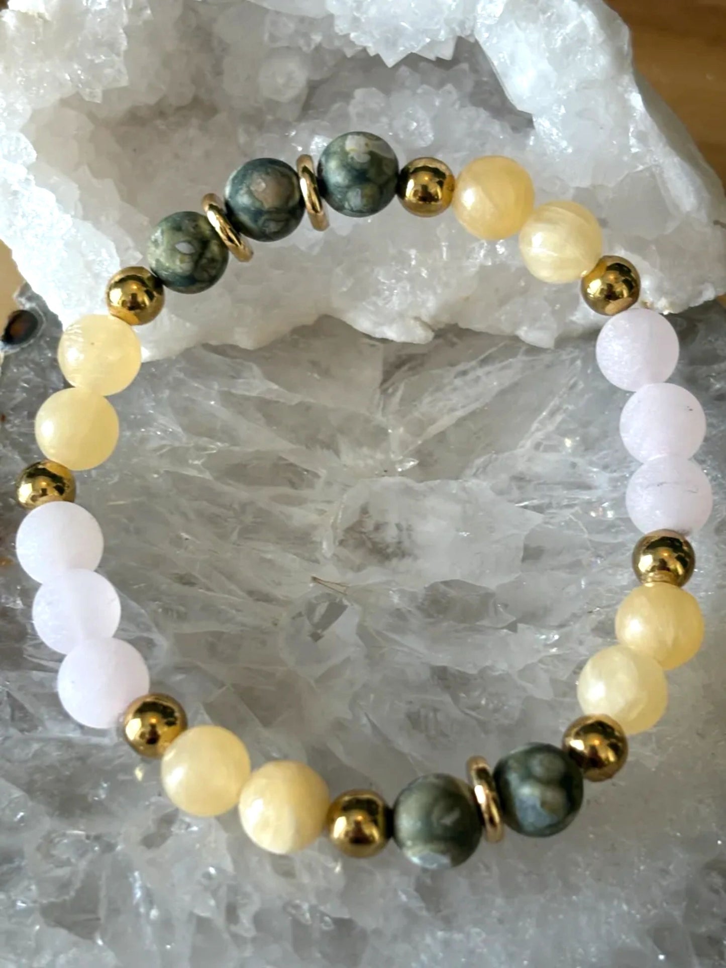 8mm Yellow Calcite, Matte Rose Quartz & Matte Rainforest Jasper Bracelet – Joy