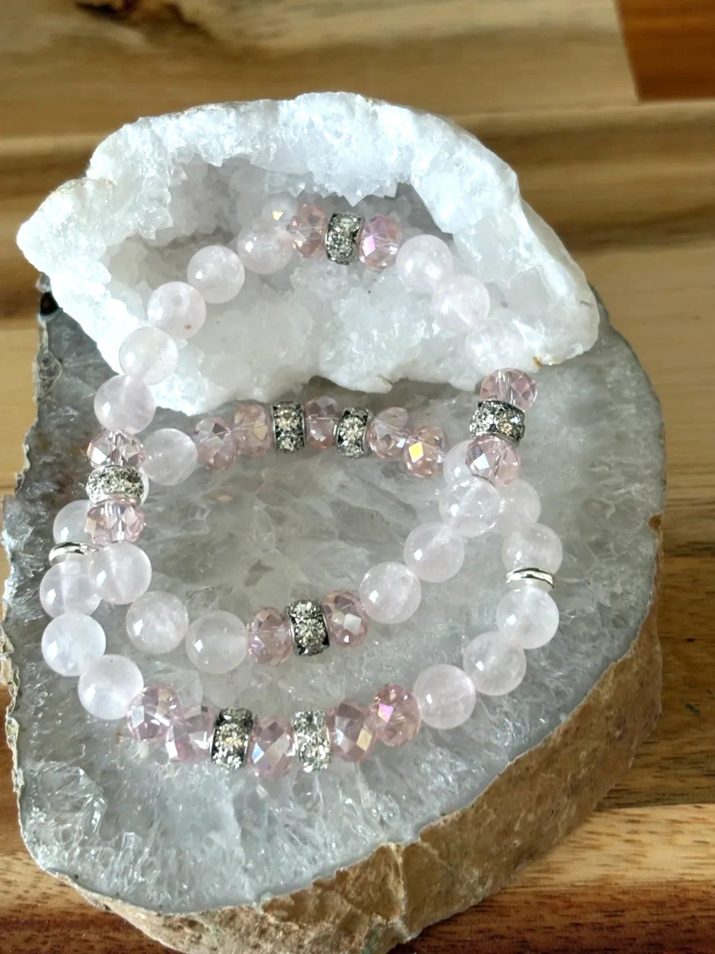8mm Light Rose Quartz Crystal Bracelet Set – Love • Calm • Divine Feminine Energy