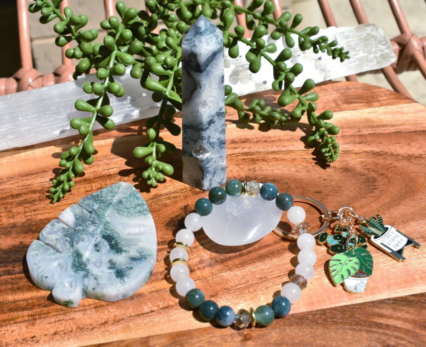 Verdant Harmony Bundle - Moss Agate & Milky Quartz Bracelet, Moss Agate Tower& Leaf, Selenite and Keychain