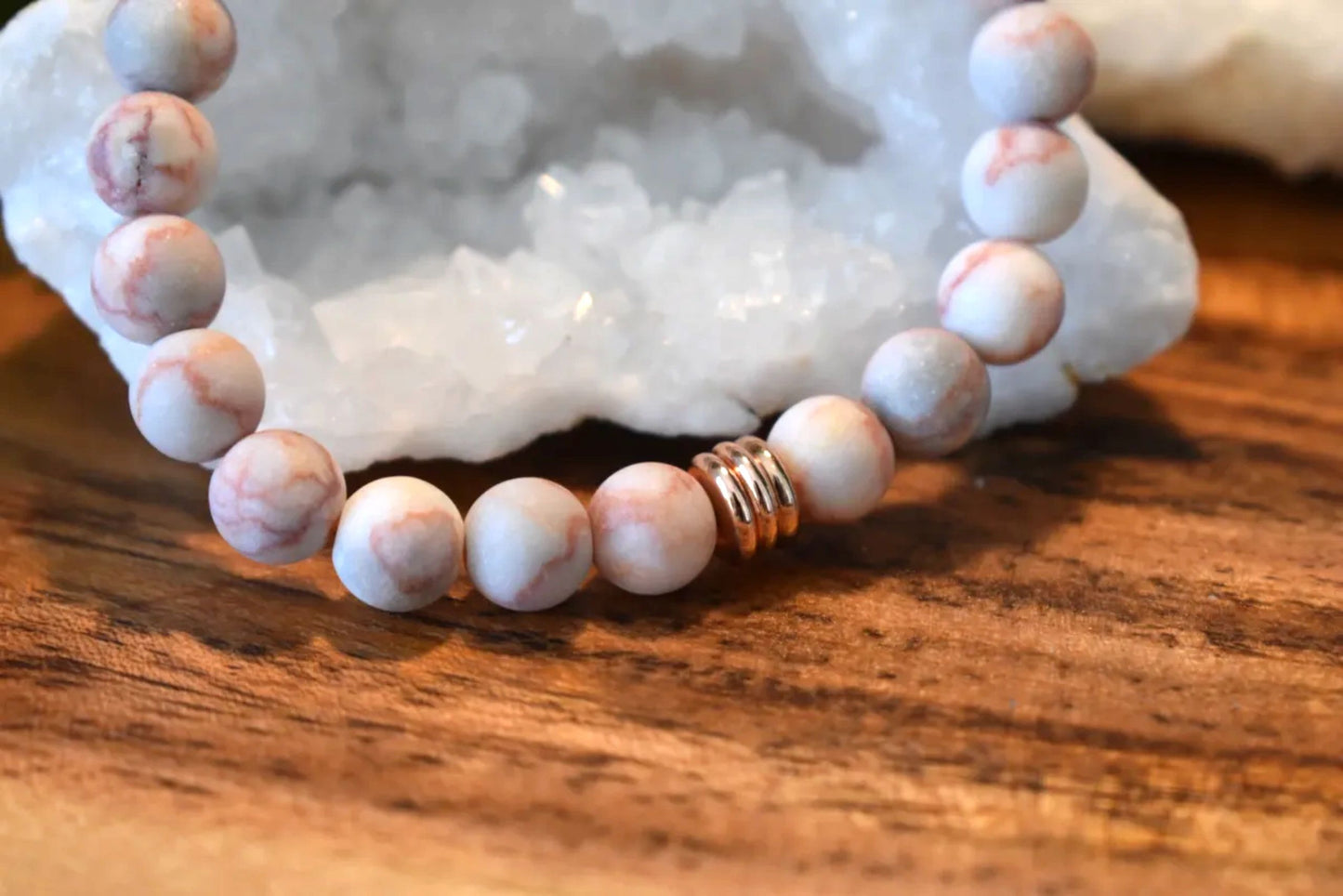 Matte Red Vein Jasper Bracelet with Copper Stainless Steel & Rose Gold Accents – 8mm