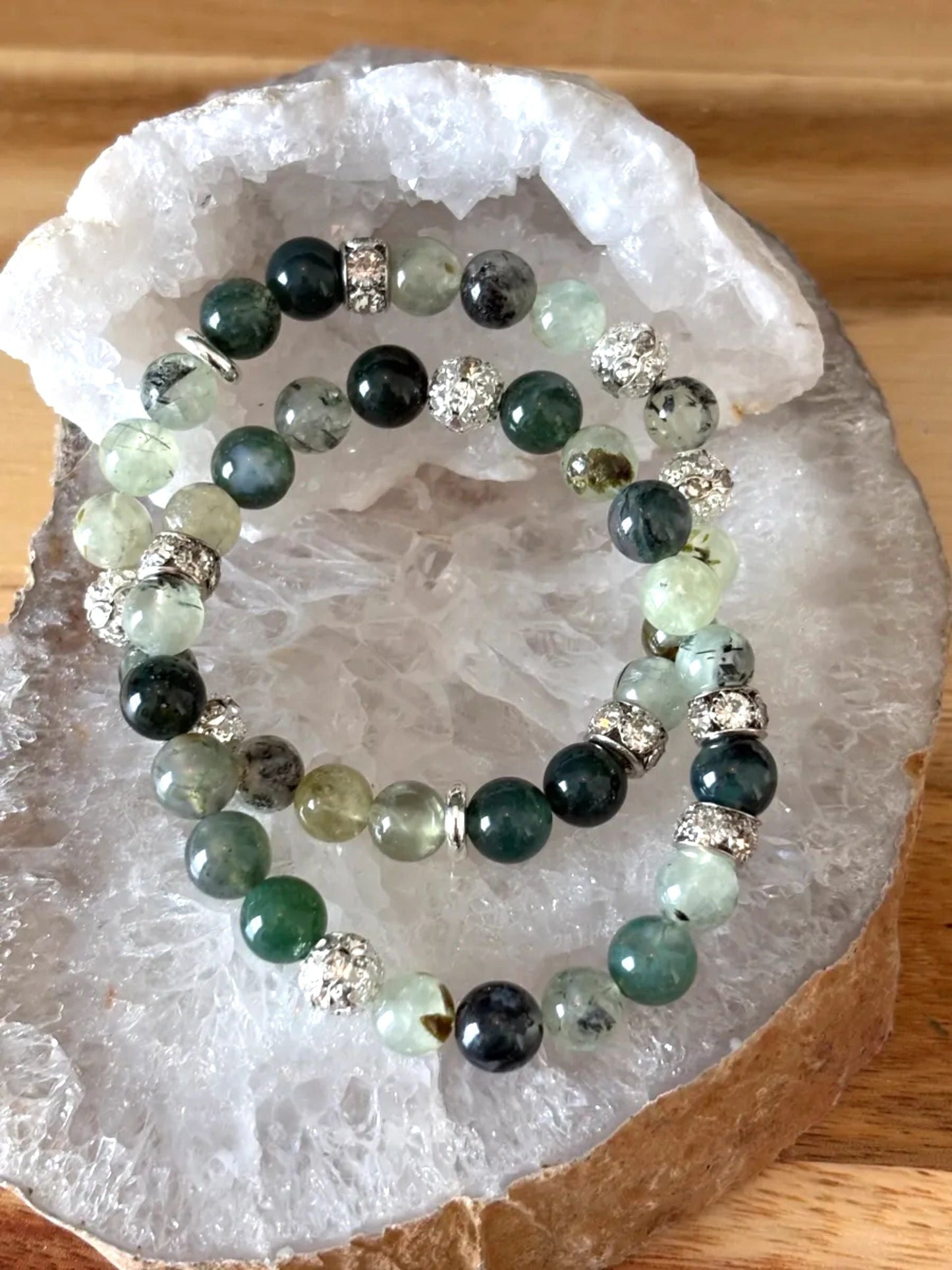 Prehnite & Moss Agate Bracelet Set with Stainless Steel Silver & Silver-Tone Rhinestone Accents – 8mm (Set of 2)