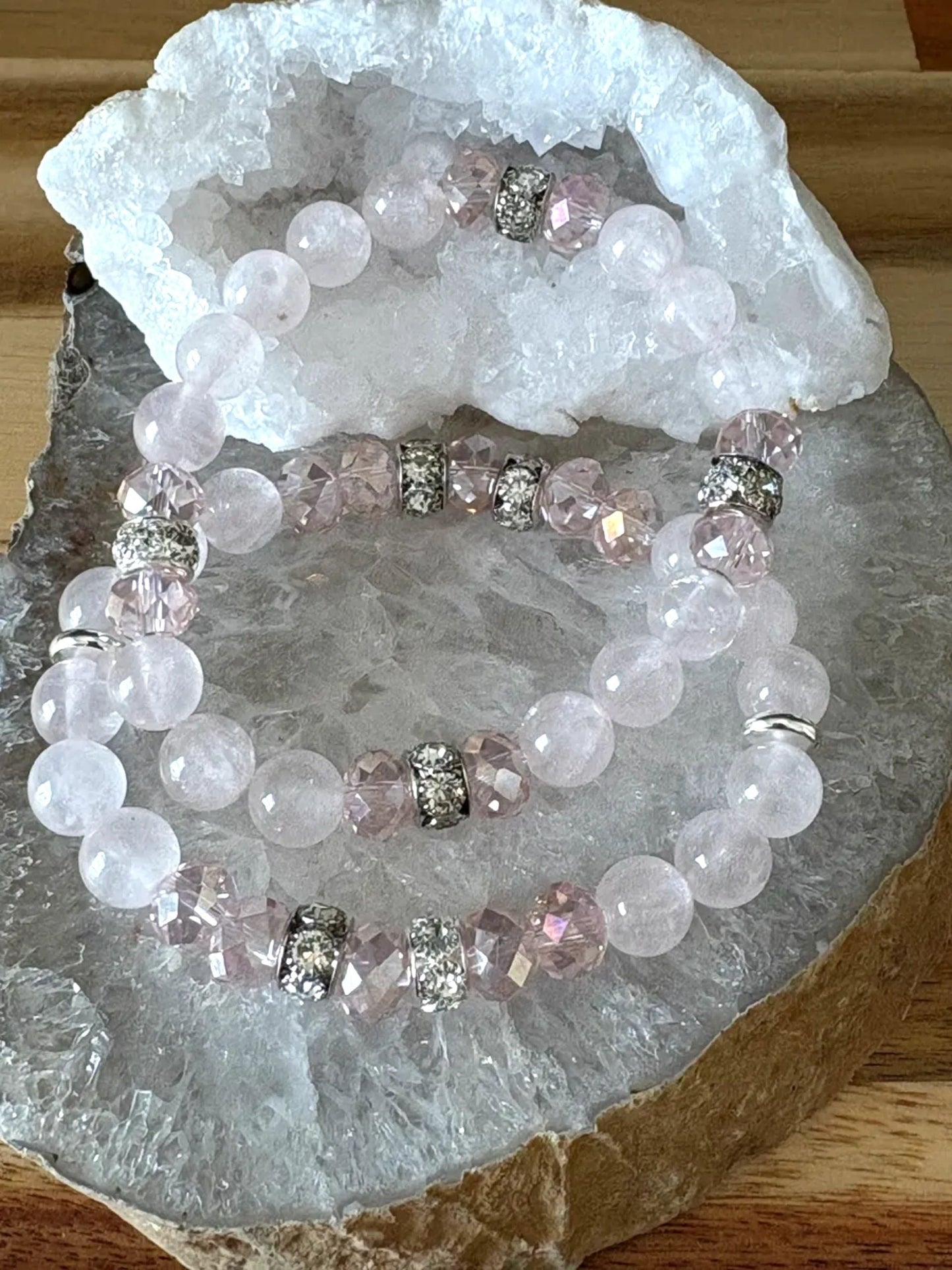8mm Light Rose Quartz Crystal Bracelet Set – Love • Calm • Divine Feminine Energy