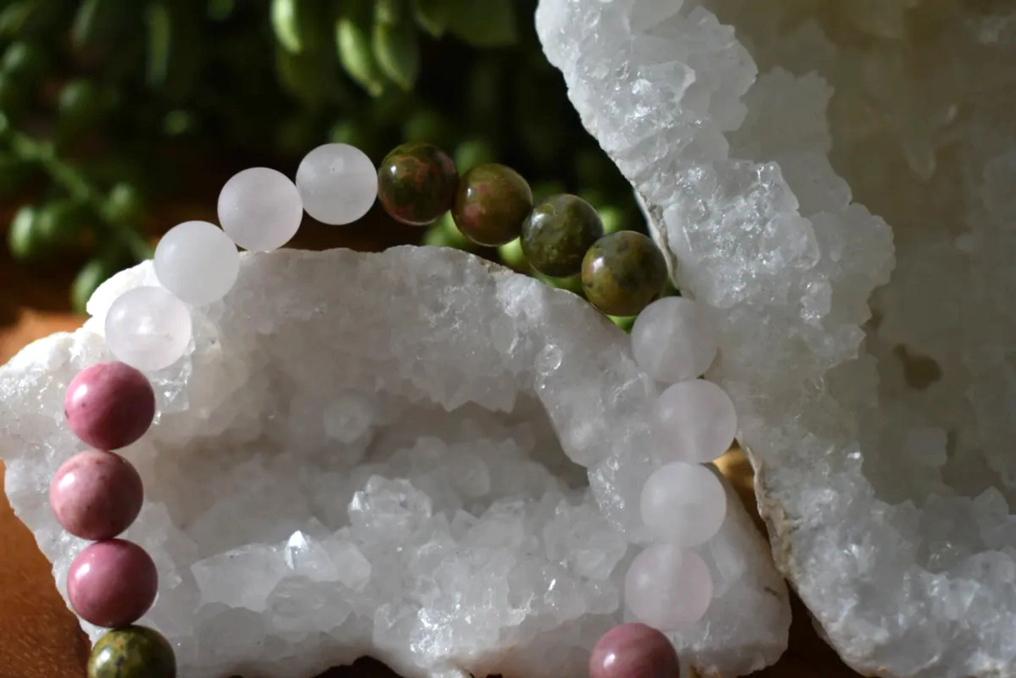 8mm Unakite, Rhodonite & Matte Rose Quartz Crystal Bracelet – Emotional Healing • Heart Balance • Gentle Strength
