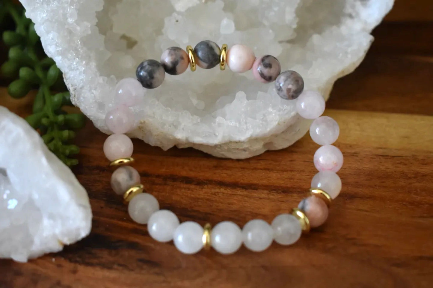8mm Pink Zebra Jasper, Rose Quartz & Milky Quartz Crystal Bracelet – Emotional Balance • Gentle Strength • Self-Love