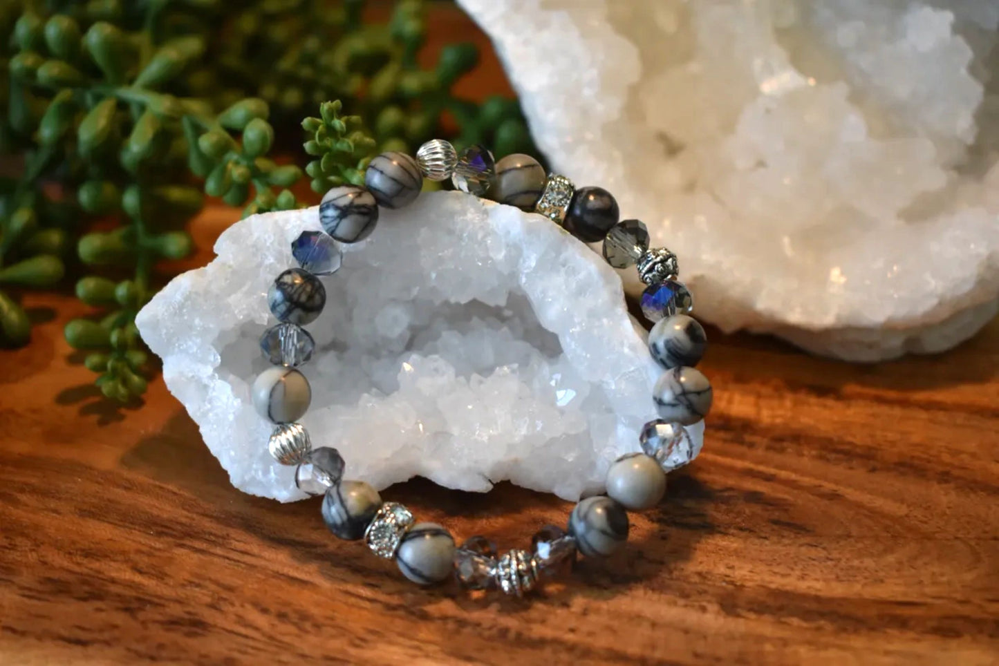 Chinese Picasso Jasper Bracelet with Smoky Iridescent Czech Glass, Silver-Plated Beads & Sparkling Rhinestone Detail – 8mm