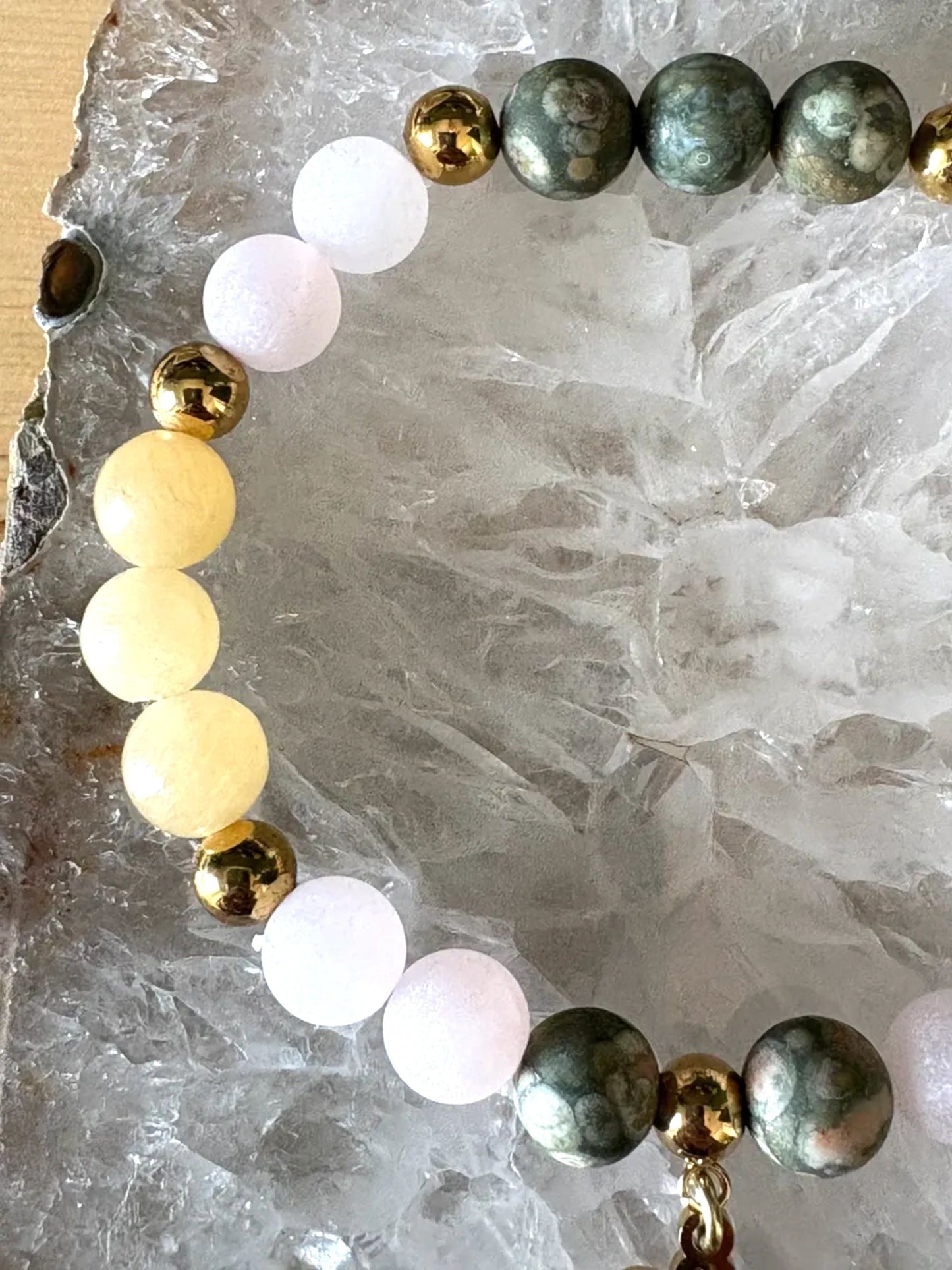 Yellow Calcite, Matte Rose Quartz & Matte Rainforest Jasper Bracelet with Gold Metal Ball Beads and Tree of Life Charm