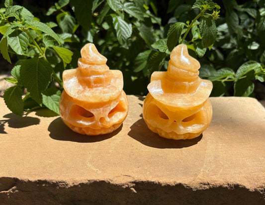 🎃 Witchy Calcite Jack-o'-Lantern with Wizard Hat ✨ Pumpkin Magic | Joy, Confidence &amp; Seasonal Spark