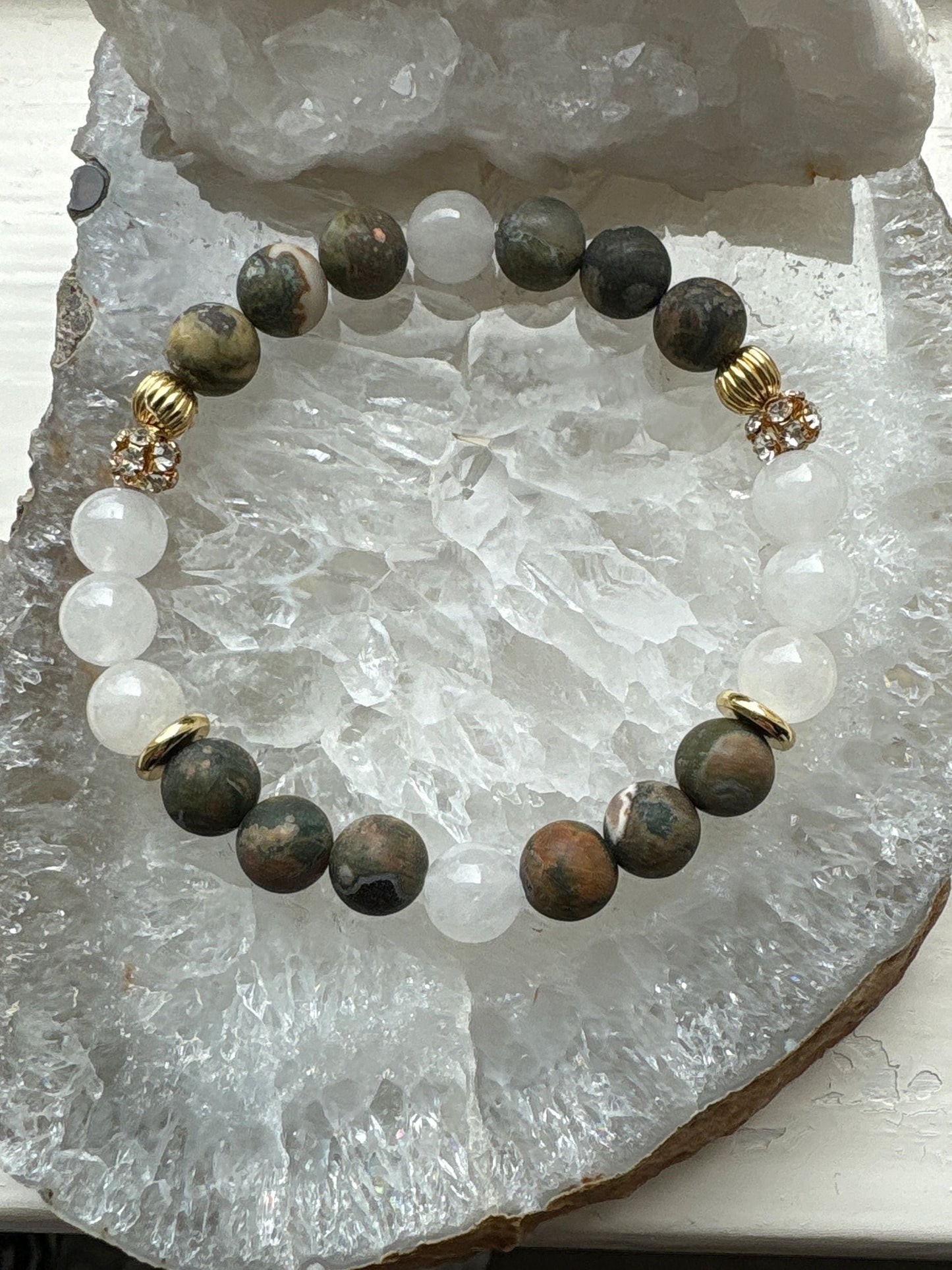 8mm Rainforest Jasper & Milky White Quartz Crystal Bracelet – Grounding • Balance • Earth Connection