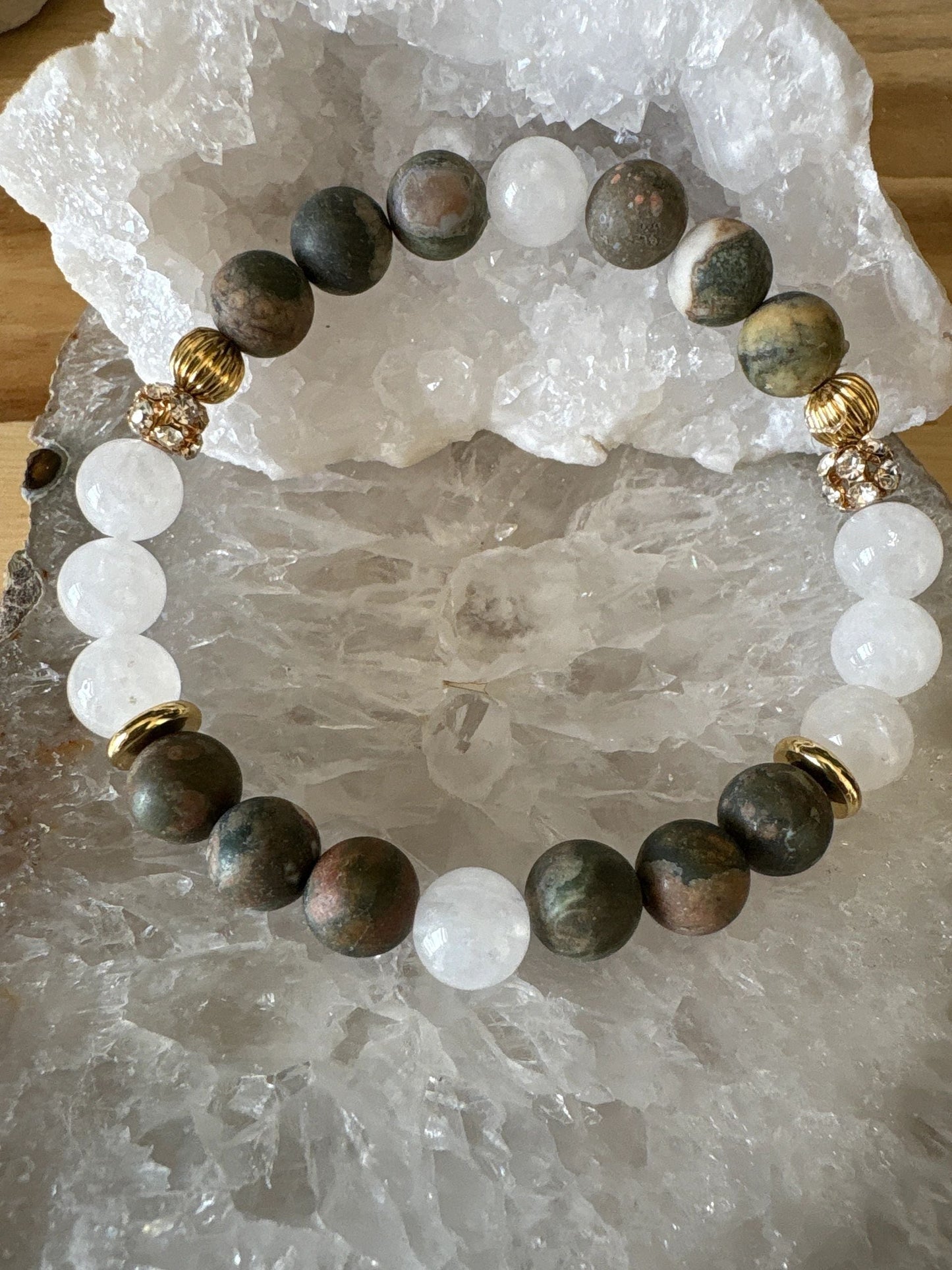8mm Rainforest Jasper & Milky White Quartz Crystal Bracelet – Grounding • Balance • Earth Connection