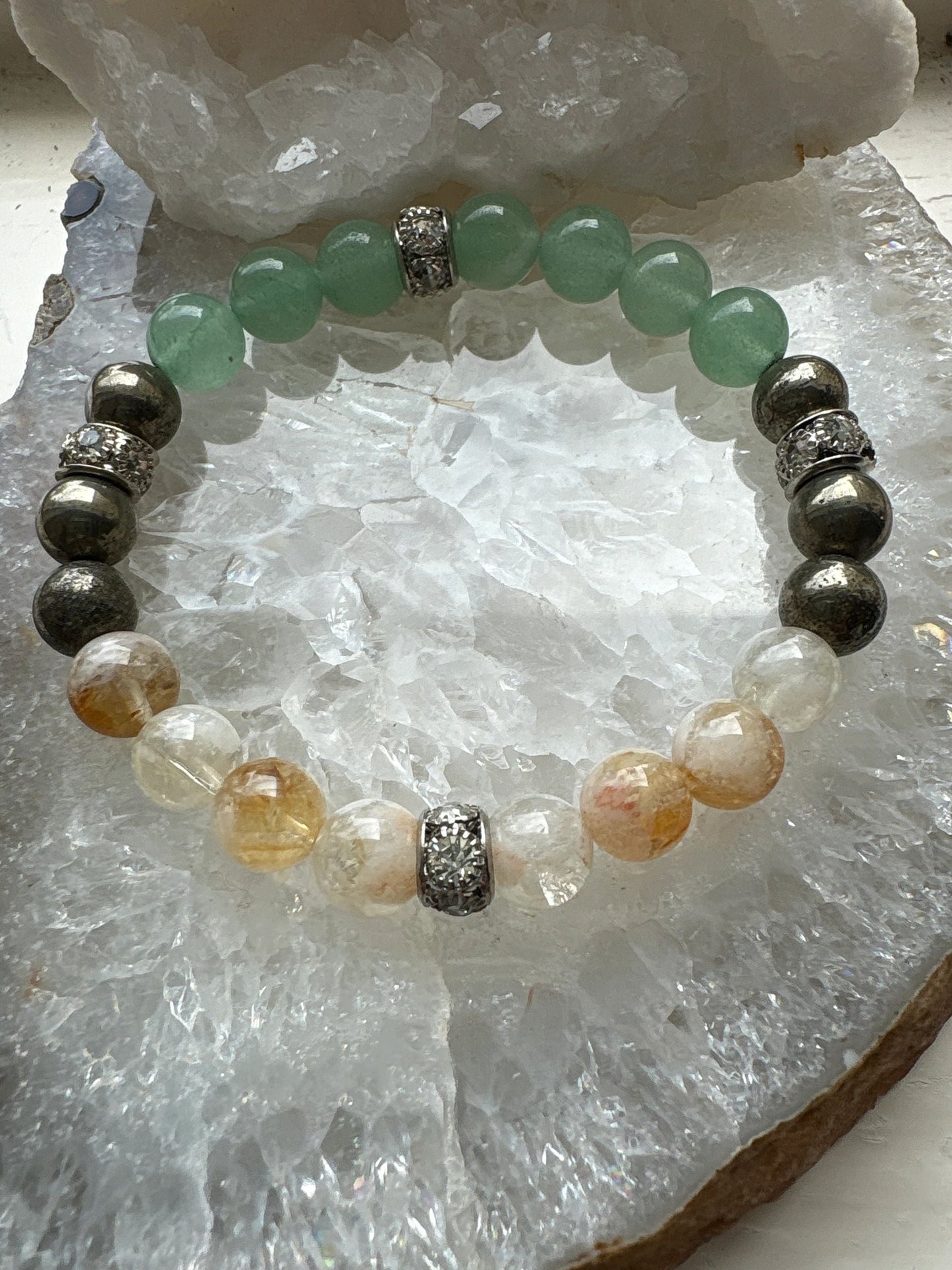 Aventurine, Pyrite & Citrine Bracelet with Silver Rhinestone Accents – 8mm