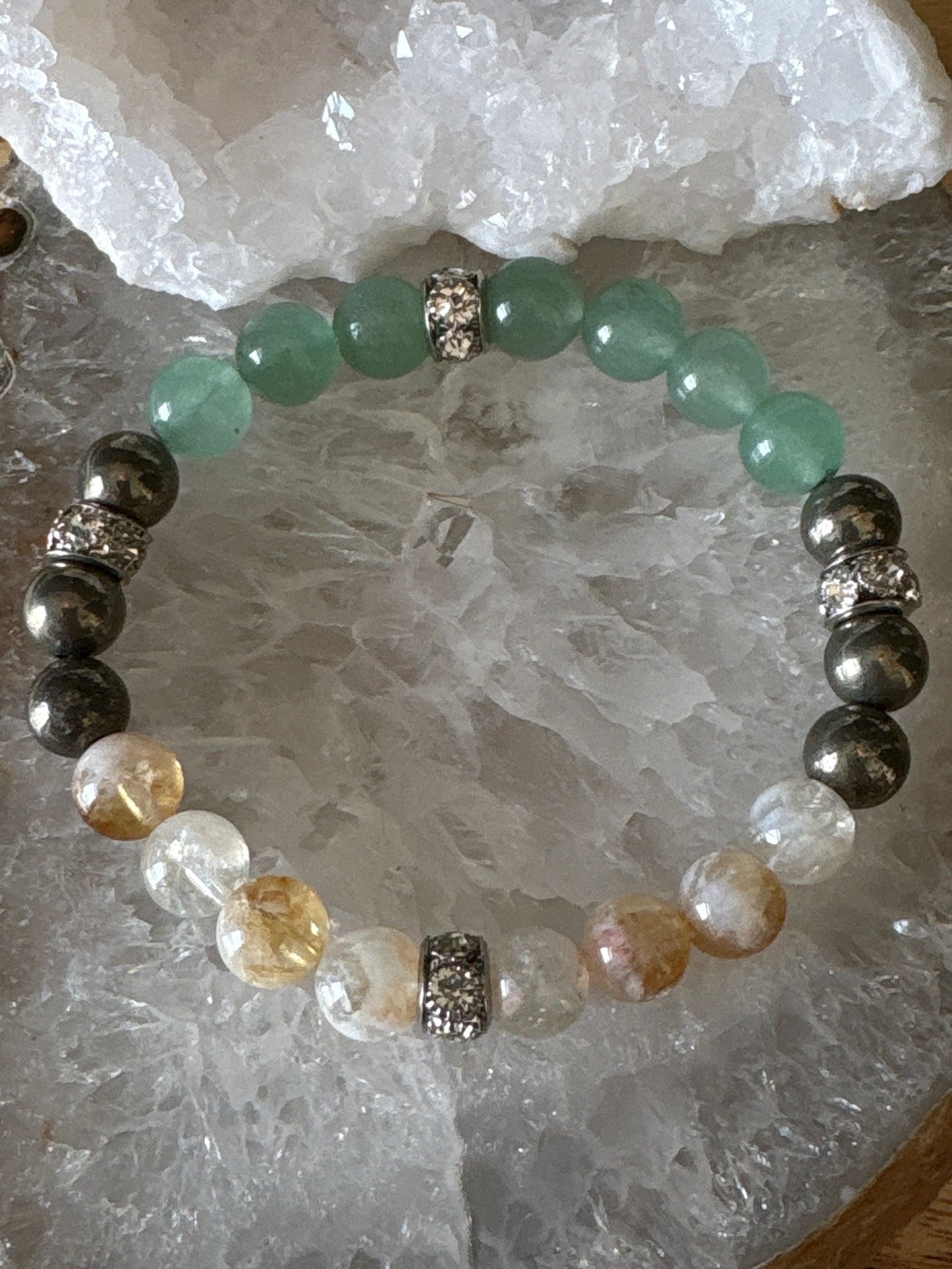 Aventurine, Pyrite & Citrine Bracelet with Silver Rhinestone Accents – 8mm