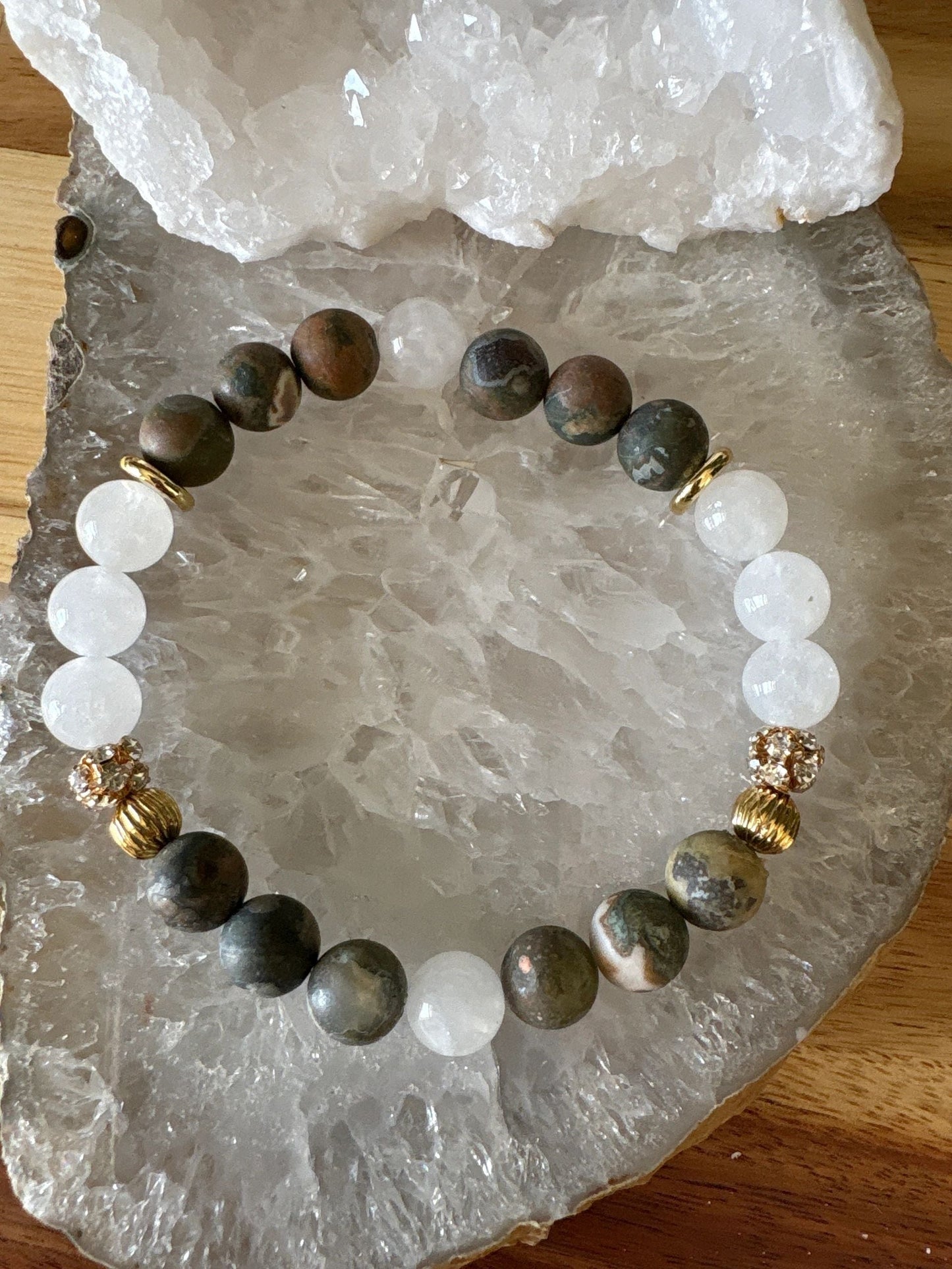 8mm Rainforest Jasper & Milky White Quartz Crystal Bracelet – Grounding • Balance • Earth Connection